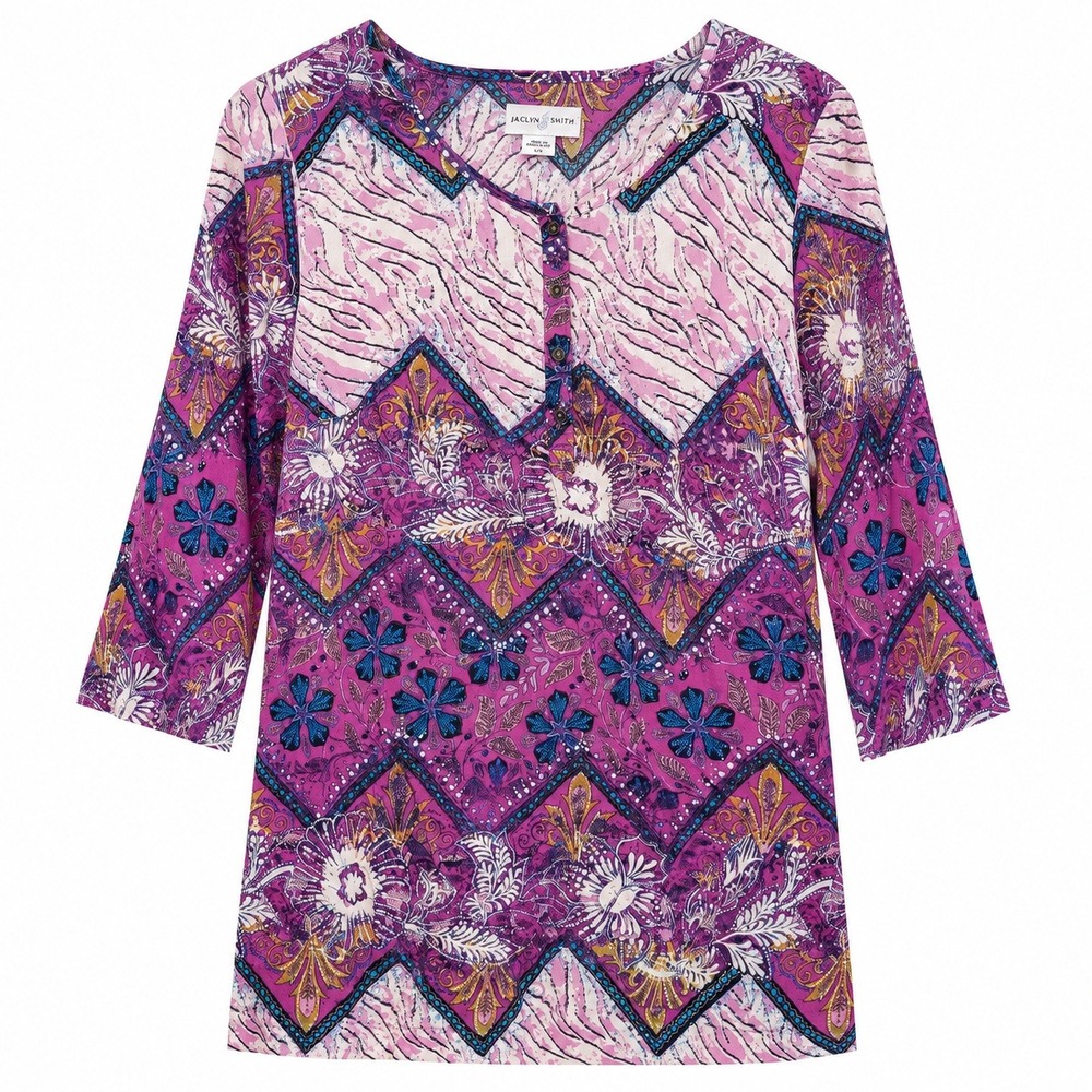 Jaclyn Smith Tunic Top Womens Medium Purple Mixed Print Henley 3/4 Sleeve Boho